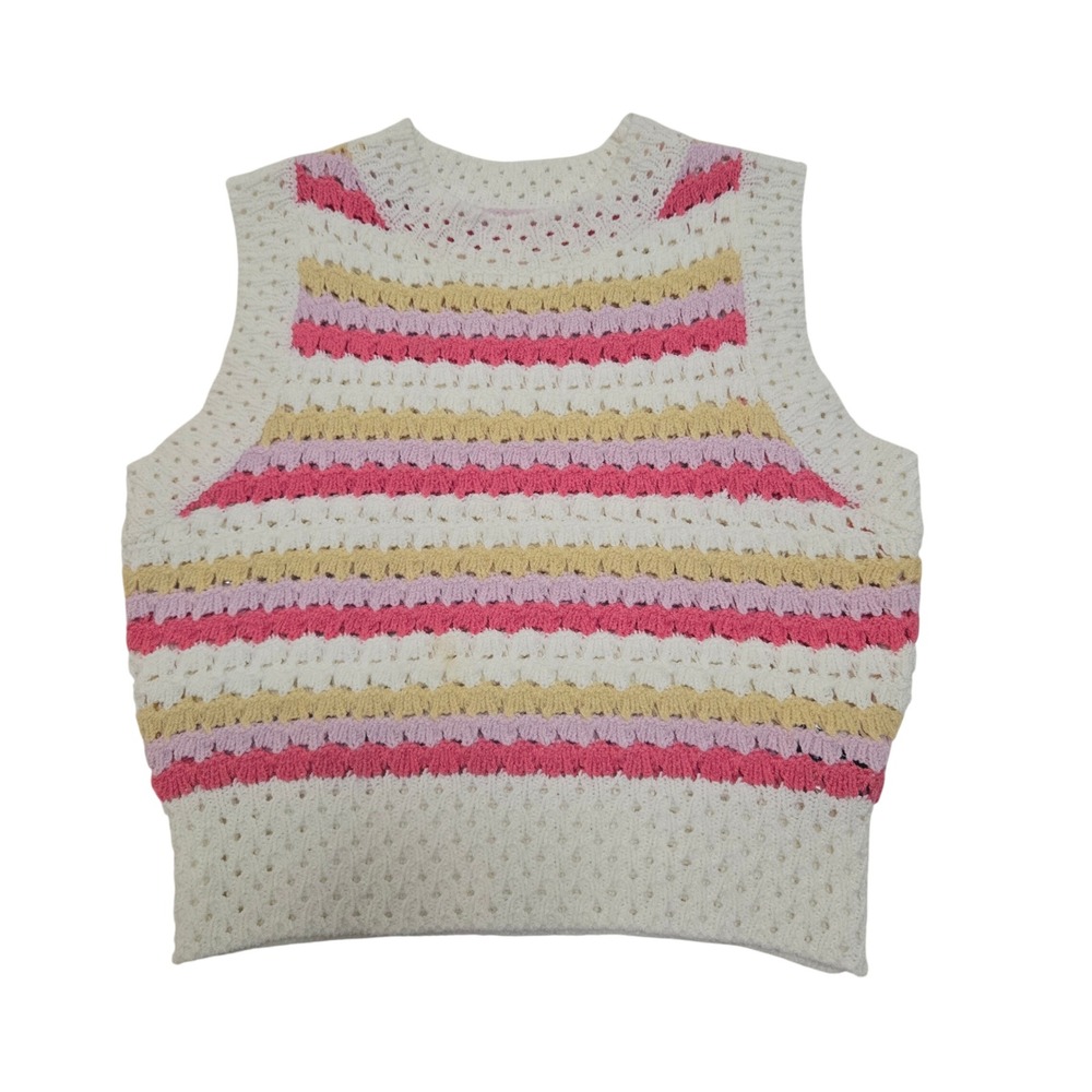 Women Striped Crochet Knit Sweater Vest White Pink Yellow Size M US 6 Festival